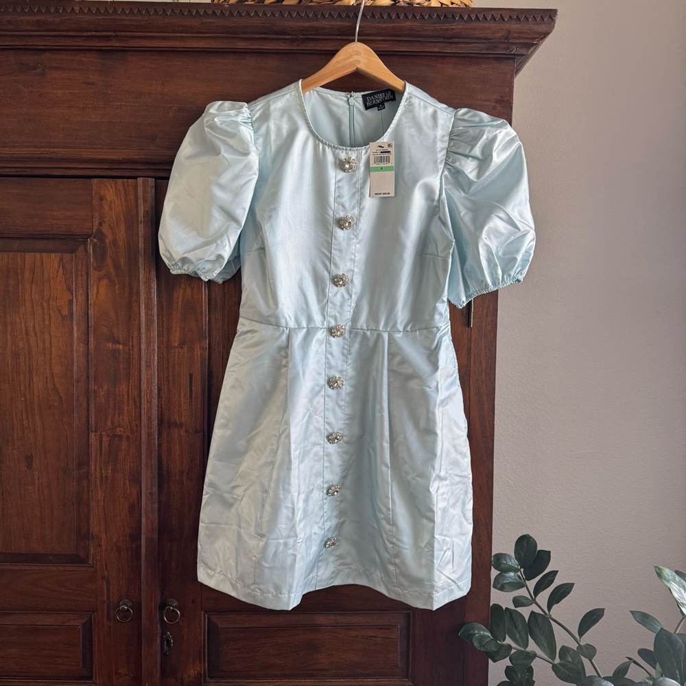 Danielle Bernstein Puff Sleeve Button Front Mini Dress Blue